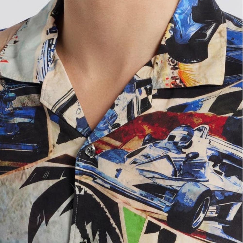 Hugo Boss Espino Race Car Print Camp Graphic Shirt Collar Button Down Oversized - Picture 7 of 10